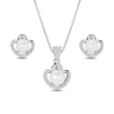 Conjunto Coração Adornado com Pérola Biwa e Zircônias Cristal