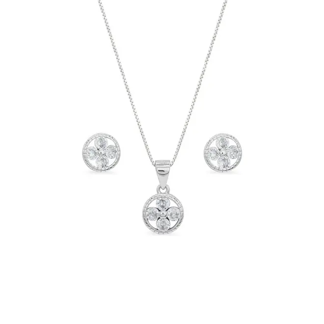 Conjunto de Prata 925 Flor em Zircônias Cristal