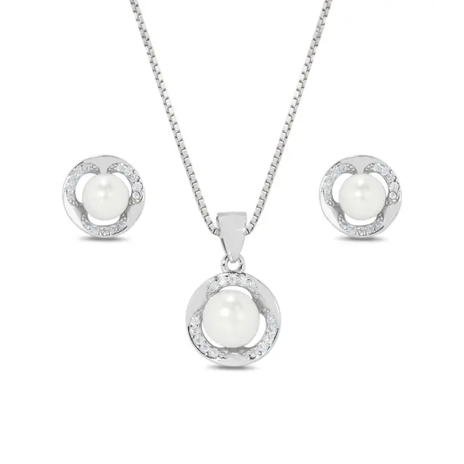 Conjunto Pérola Biwa Contorno Luminoso com Zircônias Cristal