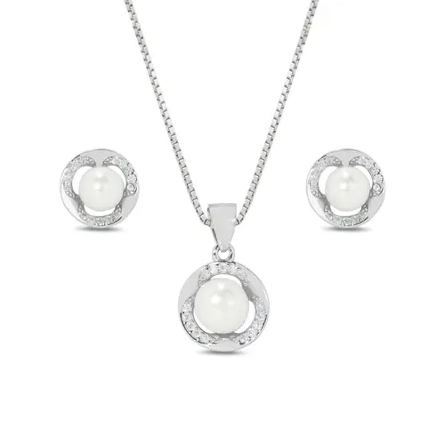 Conjunto Pérola Biwa Contorno Luminoso com Zircônias Cristal