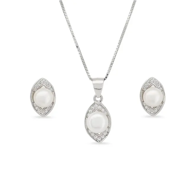 Conjunto de Pérola Biwa com Detalhes em Zircônias Cristal