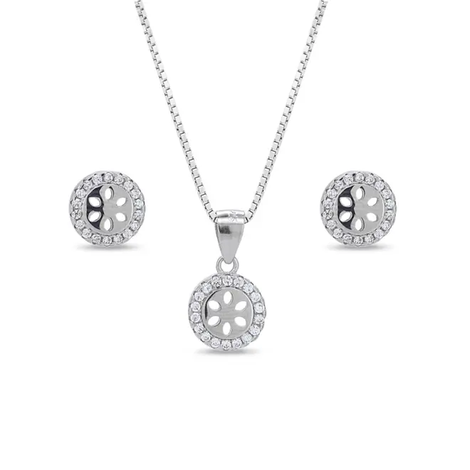 Conjunto de Prata Redondo Vazado com Zircônias
