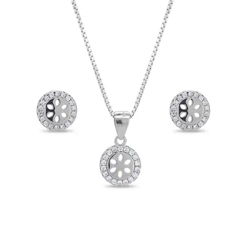 Conjunto de Prata Redondo Vazado com Zircônias