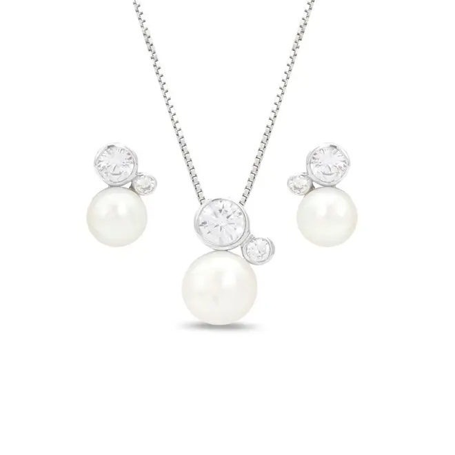Conjunto de Zircônias Cristal Redondas e Pérola Biwa