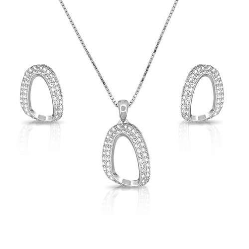 Conjunto de Prata Formato Oval e Zircônias Cristal