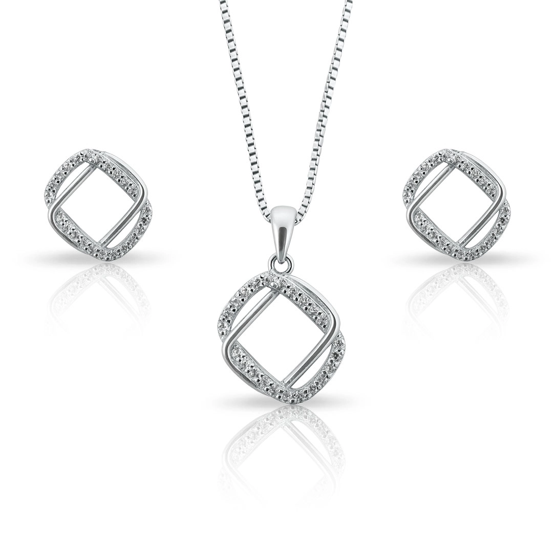 Conjunto de Prata com Retângulos Entrelaçados e Zircônias Cristal
