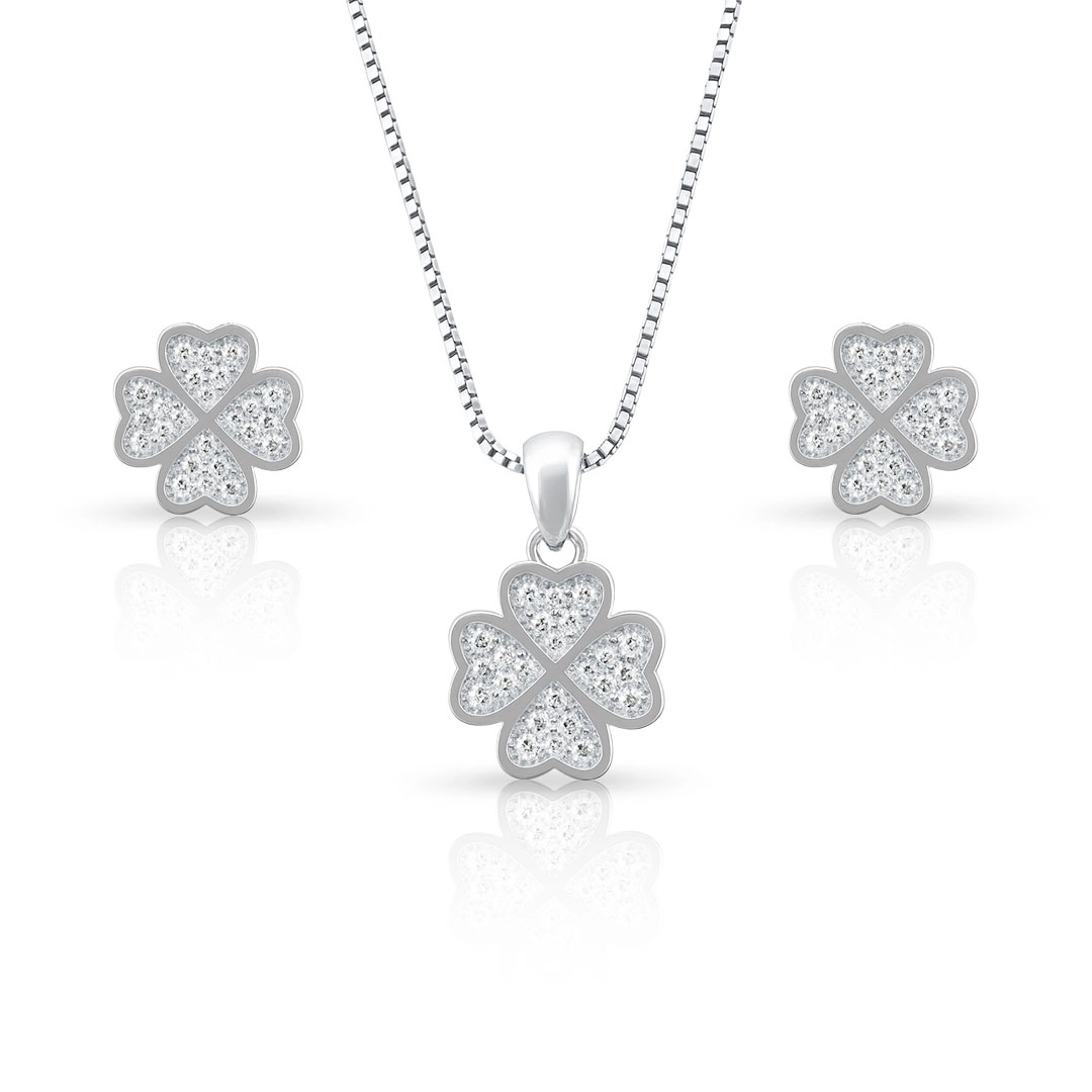 Conjunto de Prata Trevo com Zircônias Cravejadas
