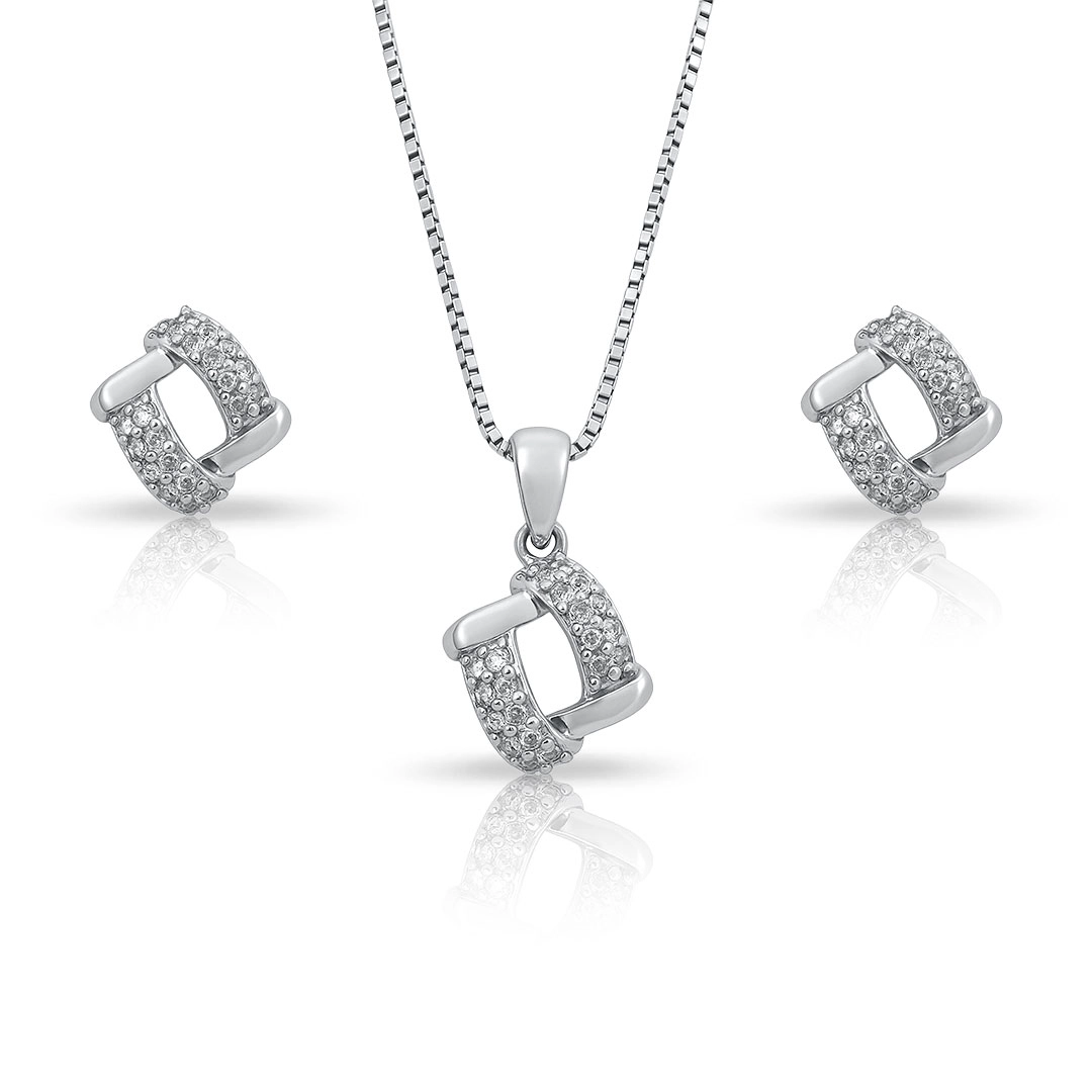 Conjunto de Prata Trabalhado com Zircônias Cravejadas