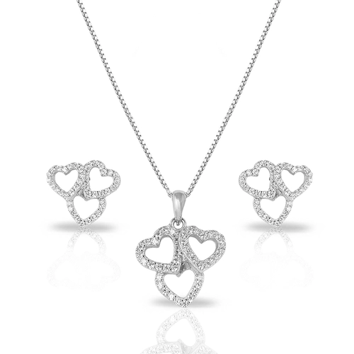 Conjunto de Prata Três Corações com Zircônias Cristal