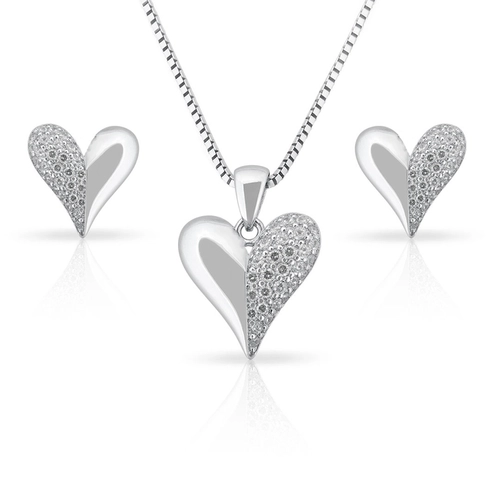 Conjunto de Prata com Coração com Zircônias Cravejadas