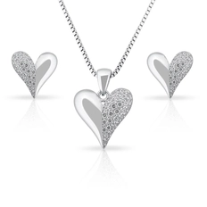Conjunto de Prata com Coração com Zircônias Cravejadas