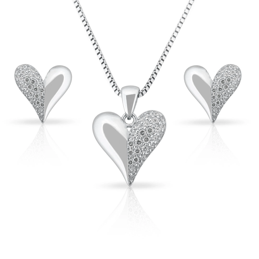 Conjunto de Prata com Coração com Zircônias Cravejadas