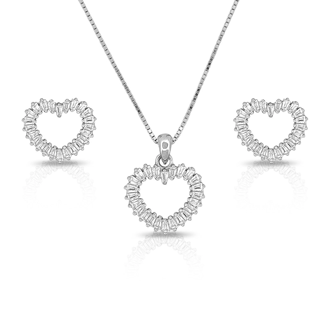 Conjunto de Prata com Zircônias Cristal em Formato de Coração