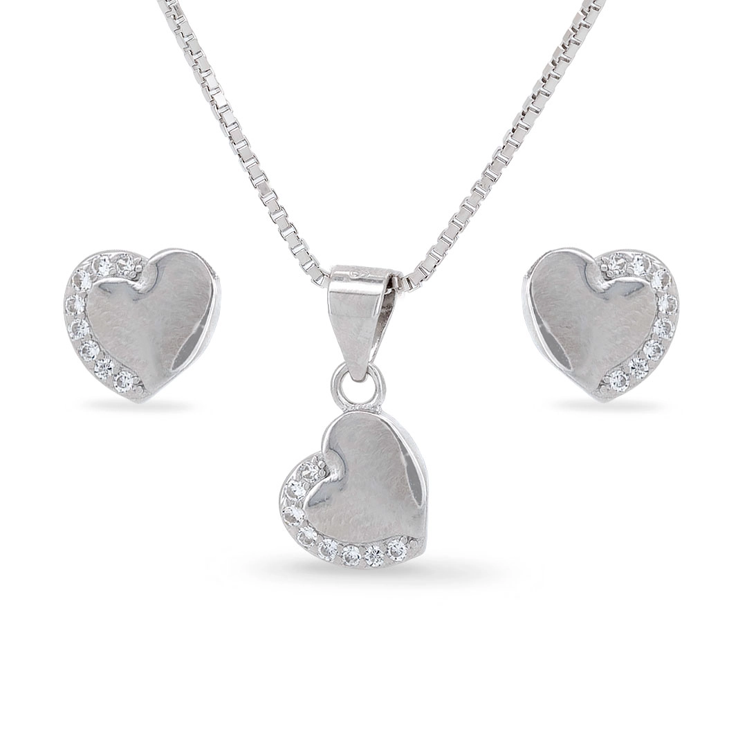 Conjunto de Prata Coração Espelhado com Zircônias