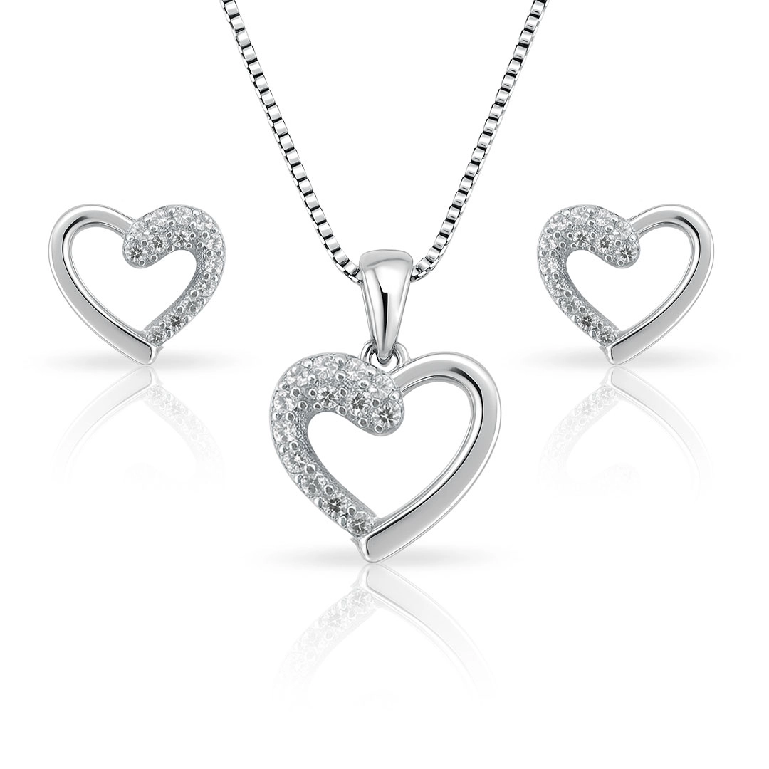 Conjunto com Pingente e Brincos de Coração com Zircônias