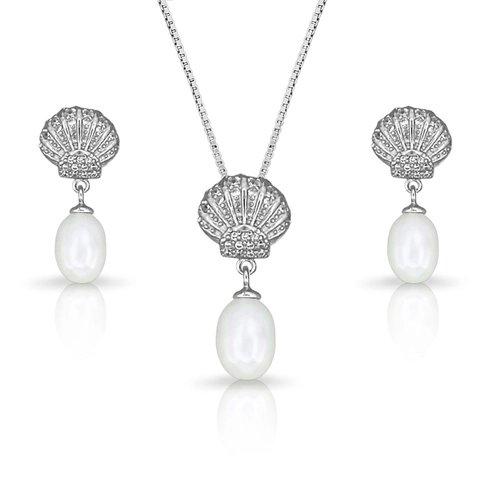 Conjunto Concha com Zircônias Cristal e Pérola Biwa