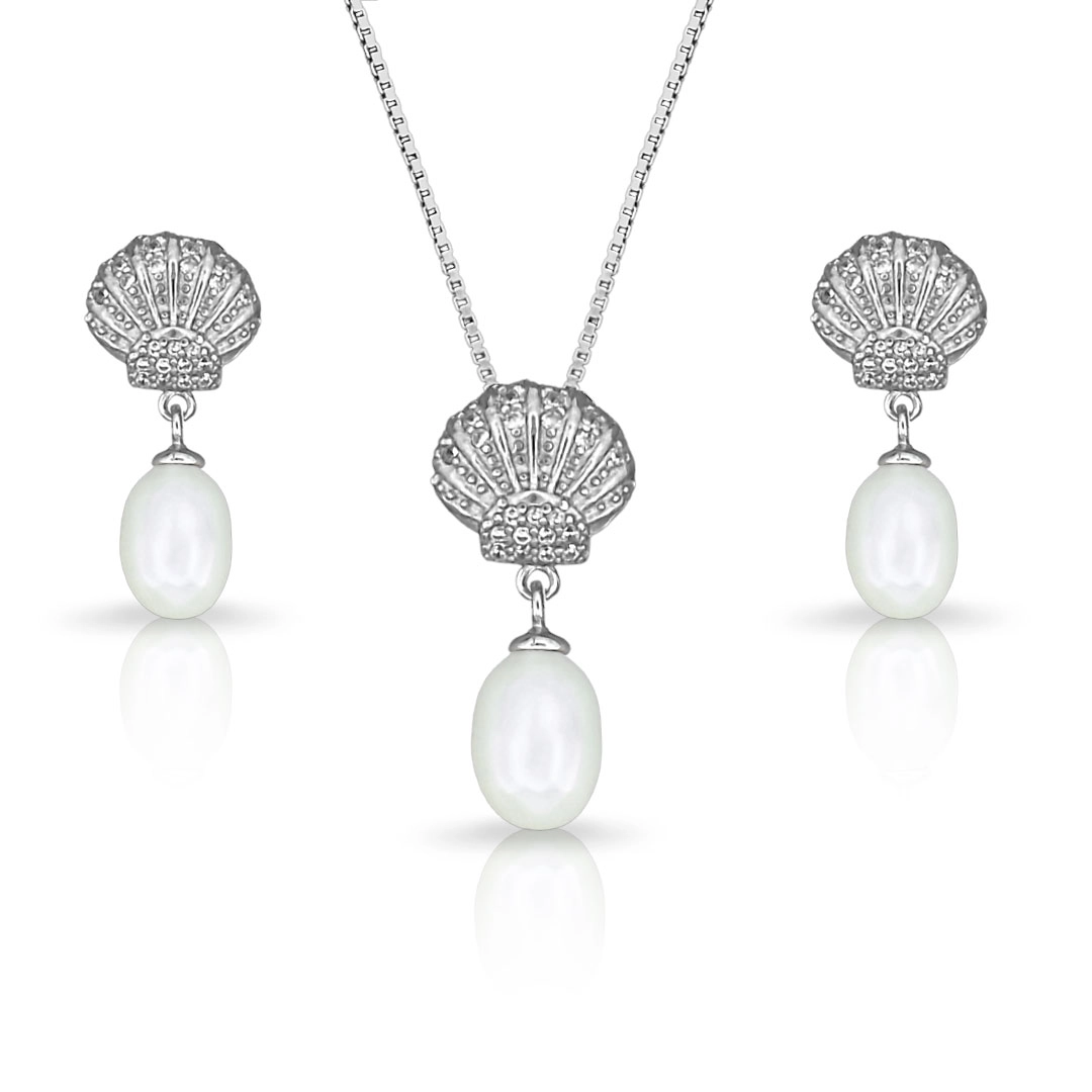 Conjunto Concha com Zircônias Cristal e Pérola Biwa