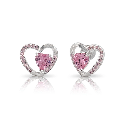 Brinco Top Coração com Zircônias Rosa