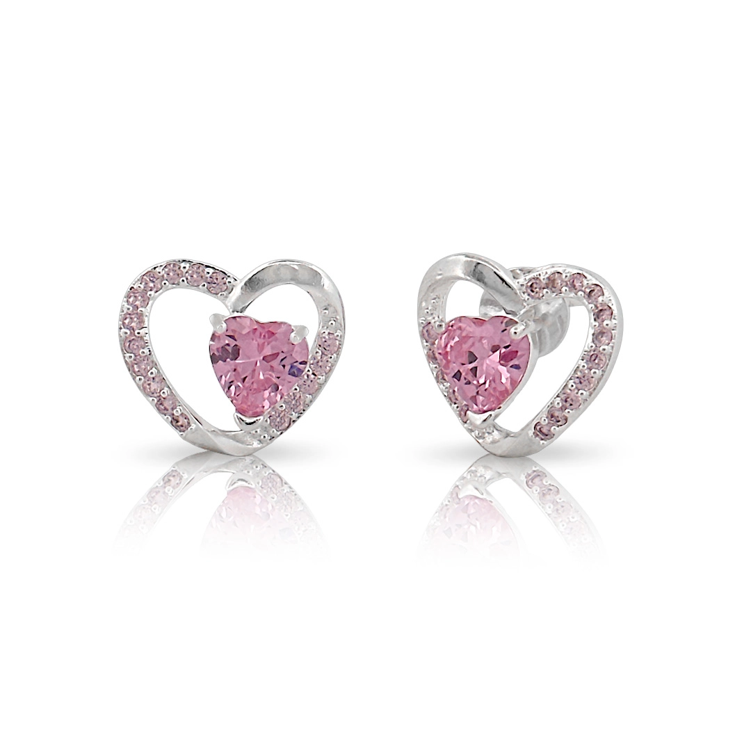 Brinco Top Coração com Zircônias Rosa