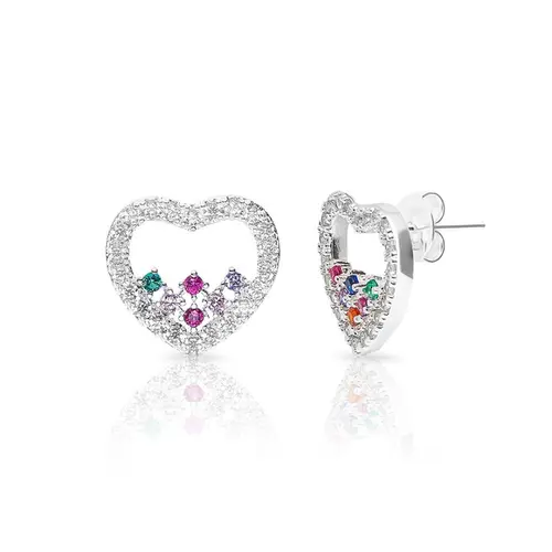 Brinco Coração Vazado com Zircônias Coloridas e Cristal