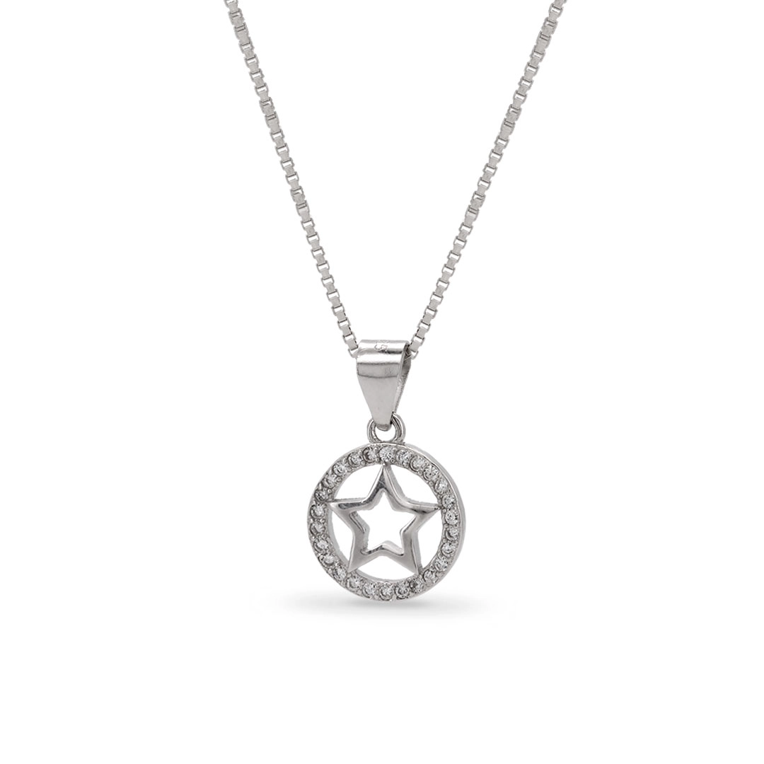 Gargantilha De Prata Círculo com Estrela e Zircônias Cristal