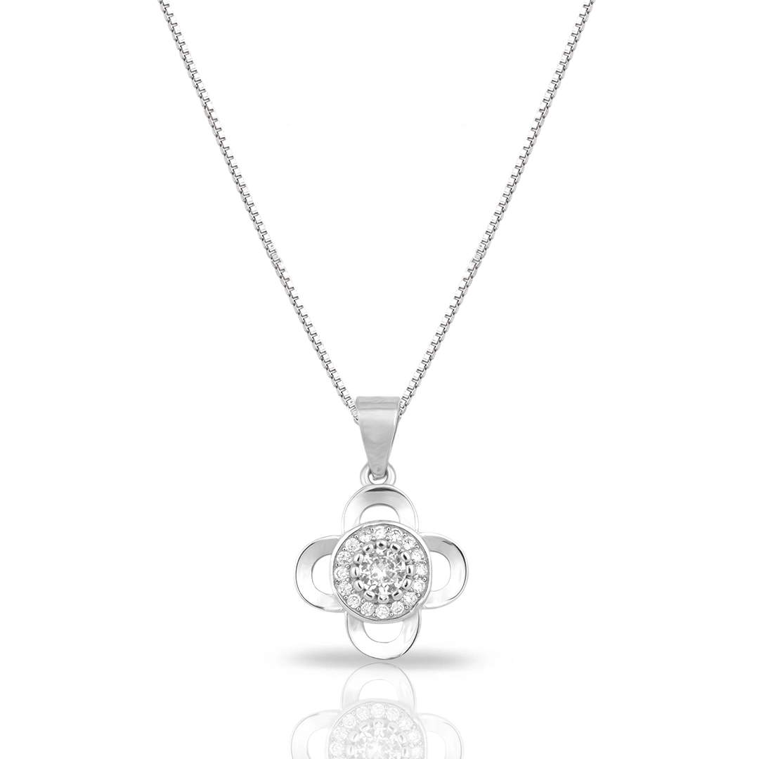 Gargantilha em Prata com Pingente de Flor Com Zircônia Cristal