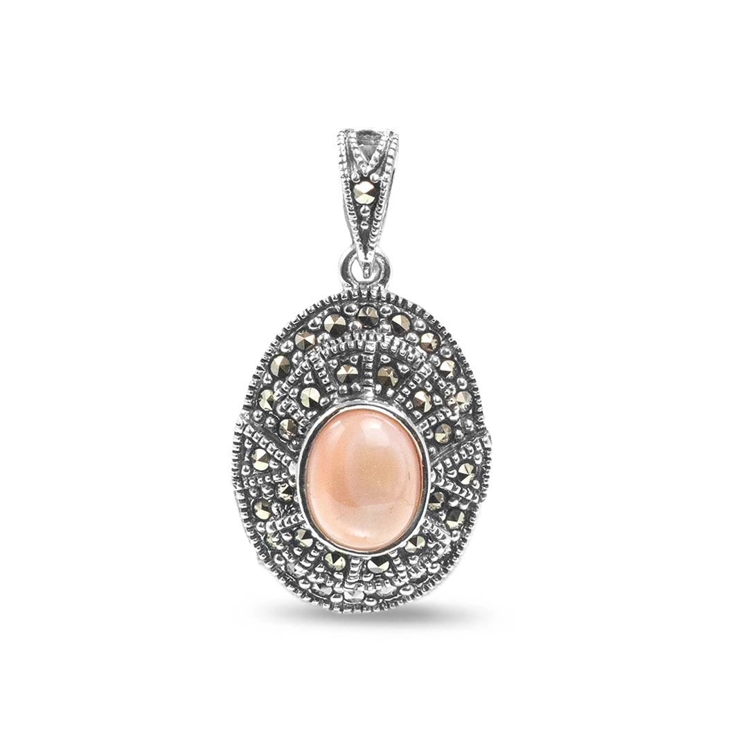 Pingente Oval com Marcassitas e Madrepérola Rosa Envelhecido