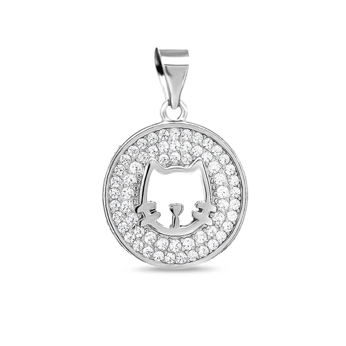 Pingente de Prata Medalha com Gato e Zircônias Cristal