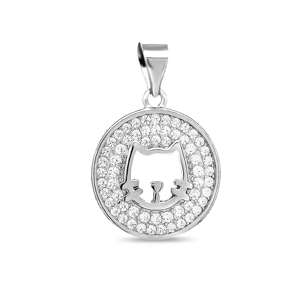Pingente de Prata Medalha com Gato e Zircônias Cristal