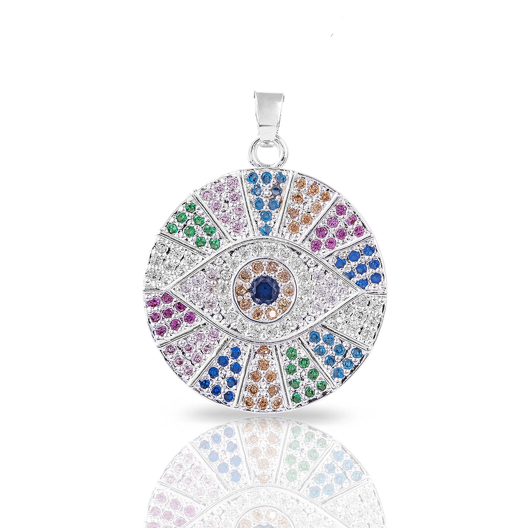 Pingente Prata Leve Mandala Olho Grego Com Zircônias Coloridas