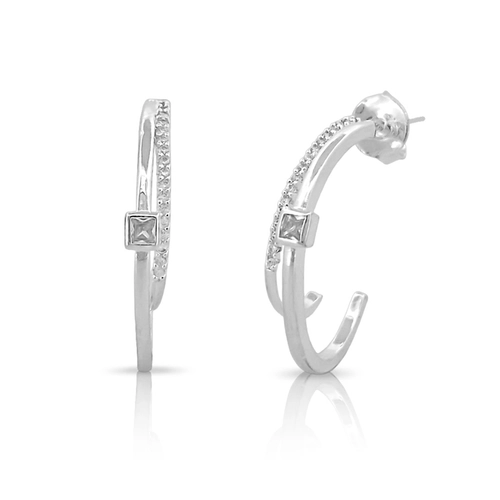 Brinco Meia Argola Dupla com Zircônias Cristal