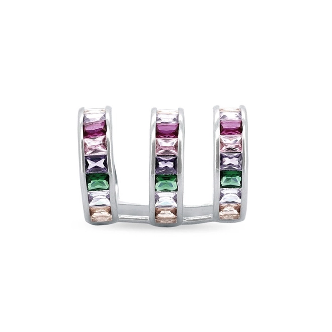 Brinco Ear Cuff Triplo Com Zircônias Coloridas Retangulares (Unidade)