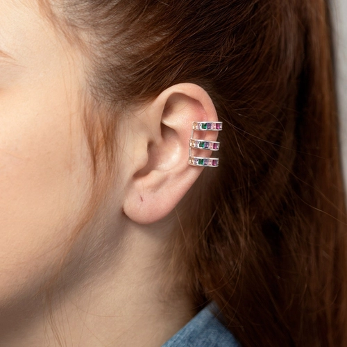 Brinco Ear Cuff Triplo Com Zircônias Coloridas Retangulares (Unidade)