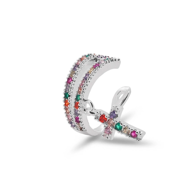 Brinco Ear Cuff Cruz Com Zircônias Coloridas (Unidade)