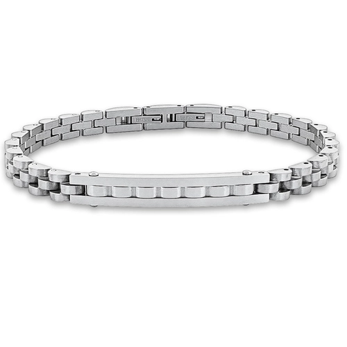 Bracelete de Aço com Elos Espelhados e Placa Trabalhada
