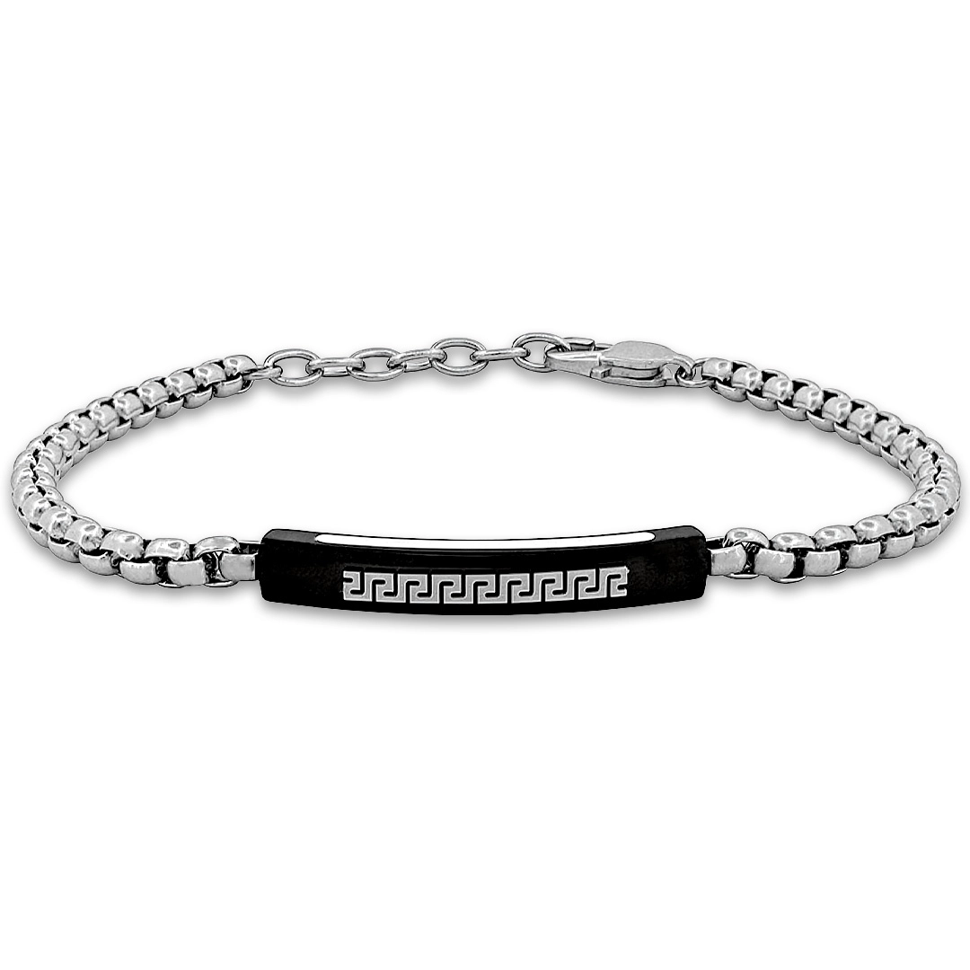 Pulseira com Elos trabalhados e Placa Carbonada Preta e Branca