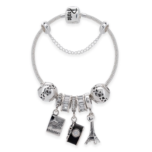 Pulseira de Prata com Berloques de Viagem com Zircônia Cristal e Resina