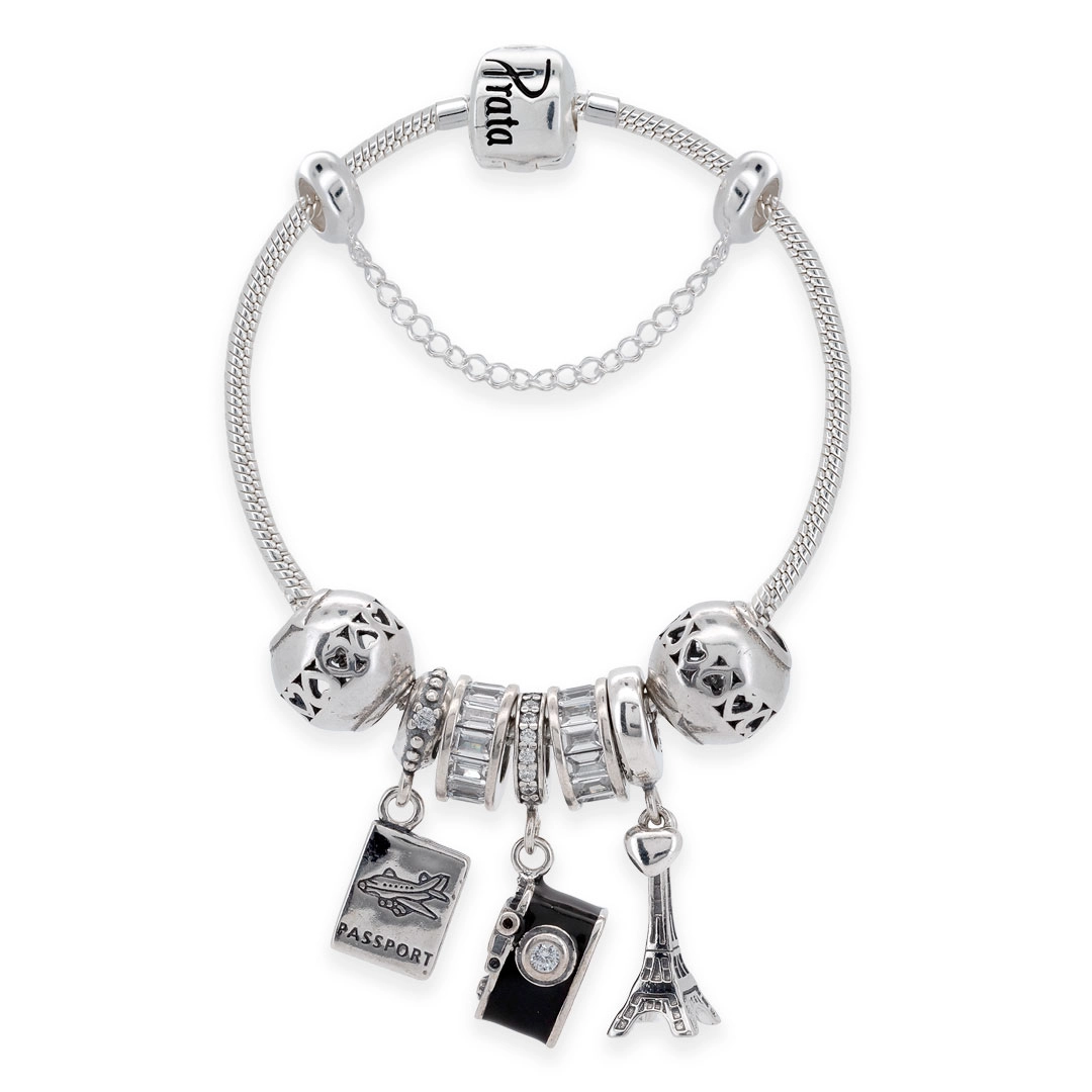 Pulseira de Prata com Berloques de Viagem com Zircônia Cristal e Resina