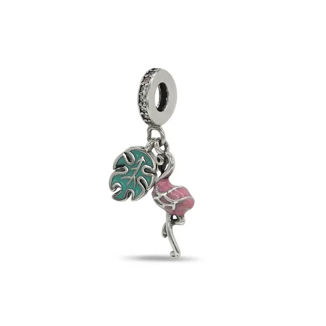 Berloque Flamingo Rosa e Verde Esmaltado