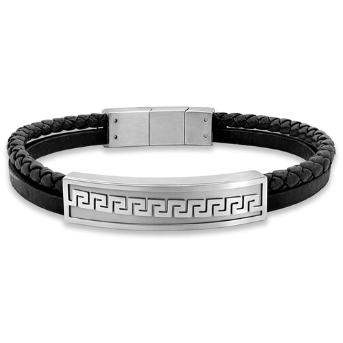 Bracelete Couro Preto Trancado com Placa Espelhada Trabalhada