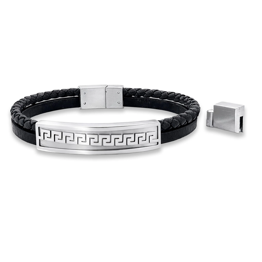 Bracelete Couro Preto Trancado com Placa Espelhada Trabalhada