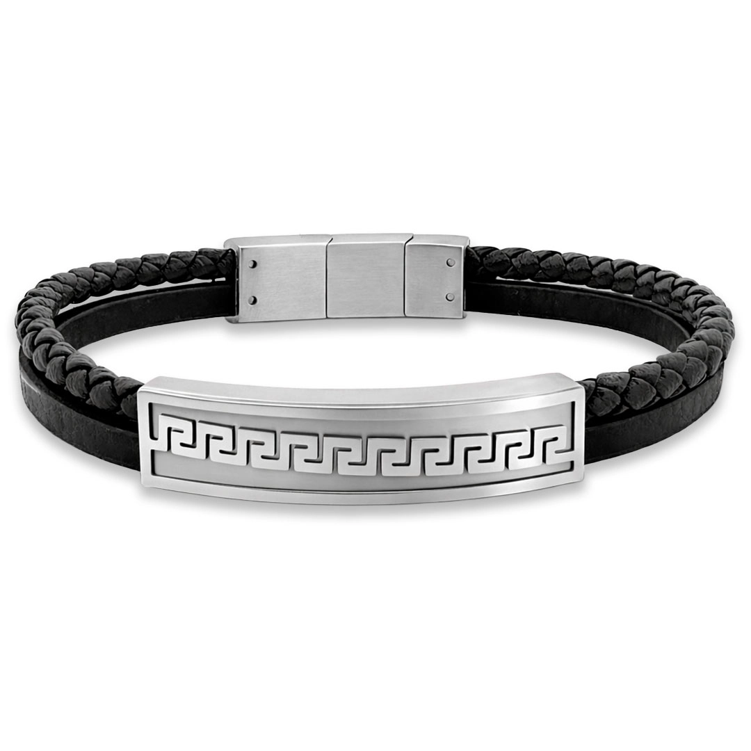 Bracelete Couro Preto Trancado com Placa Espelhada Trabalhada