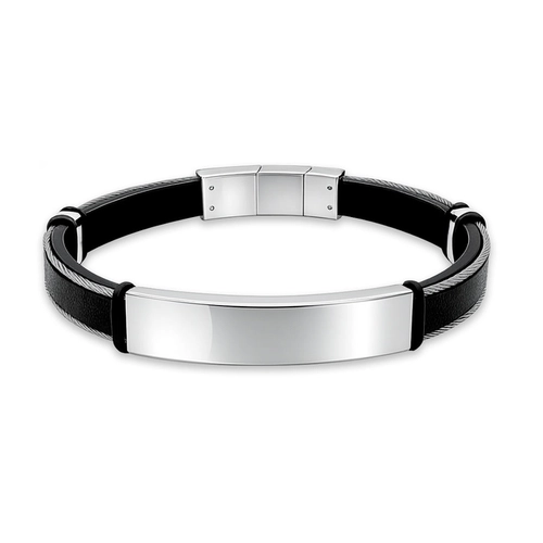 Bracelete de Aço com Couro, Cabo Náutico e Placa Fosca