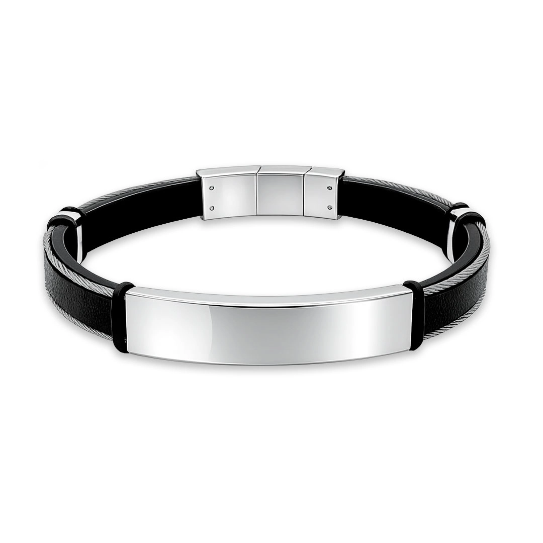 Bracelete de Aço com Couro, Cabo Náutico e Placa Fosca