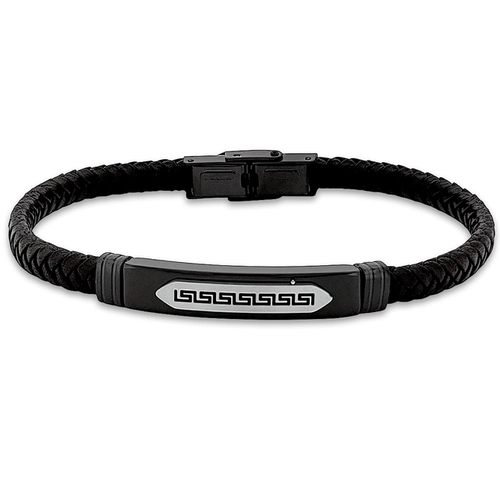 Bracelete de Aço em Couro Preto Trançado Com Placa Fibra de carbono