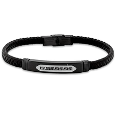 Bracelete de Aço em Couro Preto Trançado Com Placa Fibra de carbono