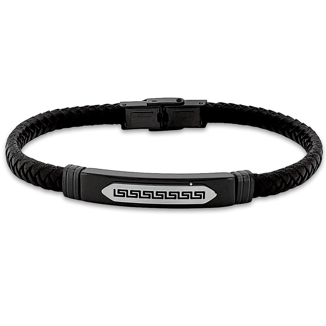 Bracelete de Aço em Couro Preto Trançado Com Placa Fibra de carbono