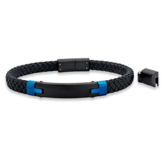 Bracelete Couro Preto Trançado com Placa Carbonada Petra e Azul