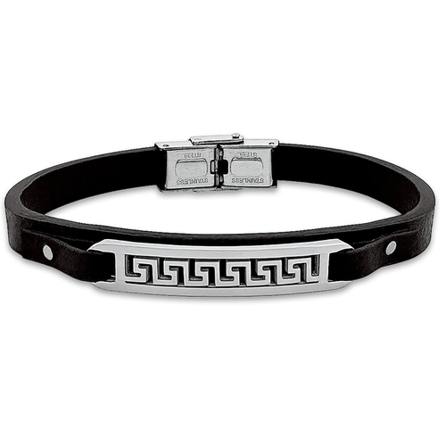 Bracelete de Aço em Couro Preto Com Placa Trabalhada