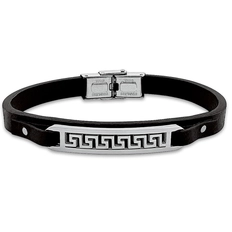 Bracelete de Aço em Couro Preto Com Placa Trabalhada